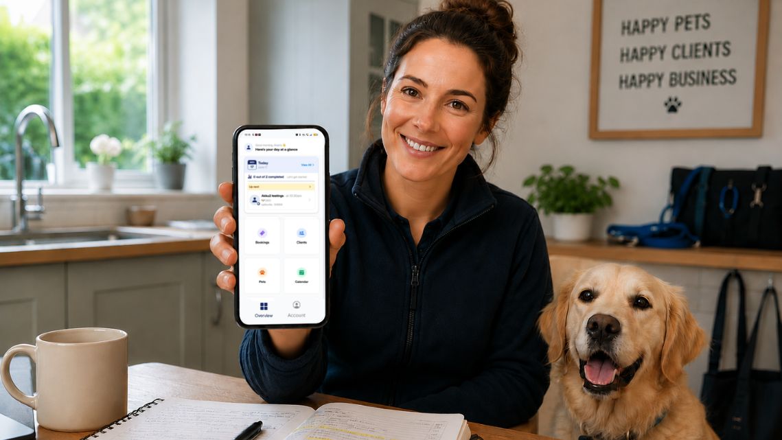 Professional UK pet sitter using a pet sitting app on a smartphone while managing bookings with a dog beside her.